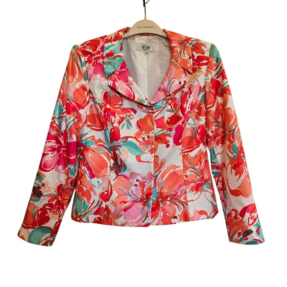 Le Suit Women Floral Blazer Jacket Coral Pink Orange Size 10 Notched Lapel